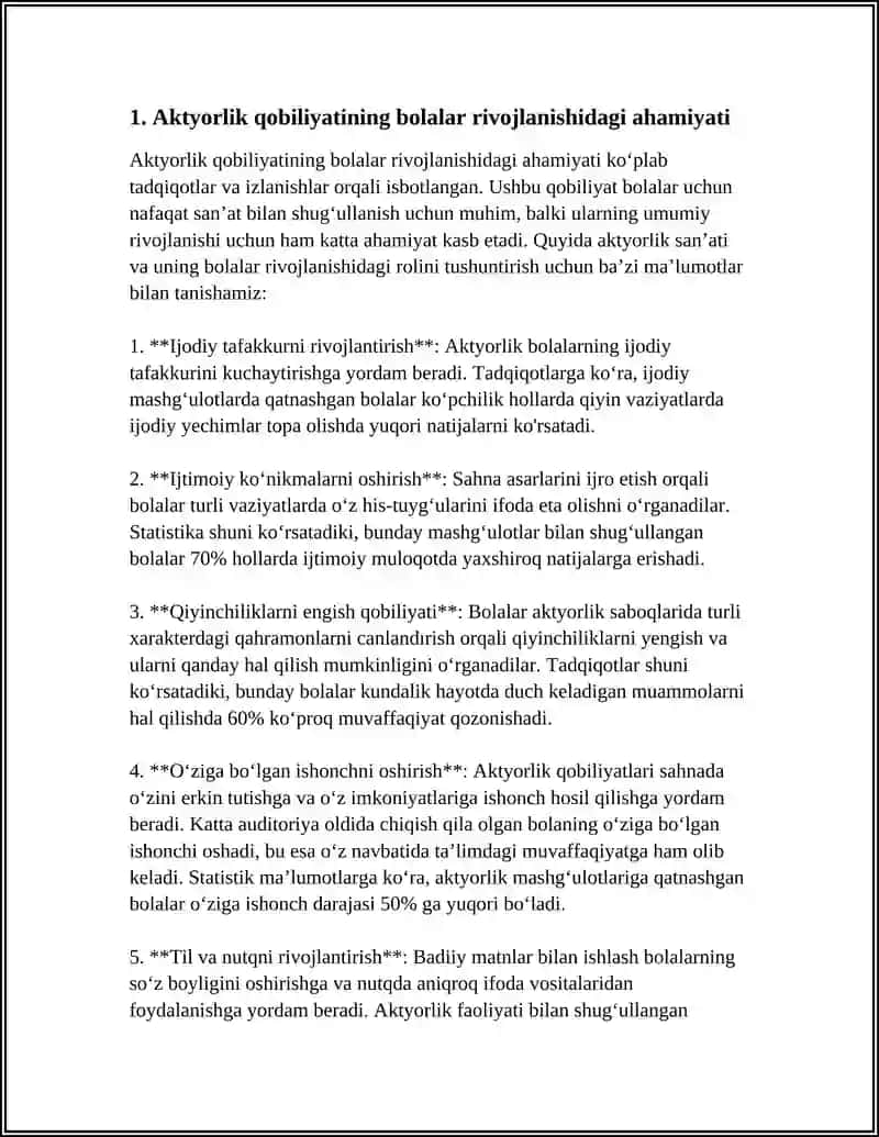 SAHNALASHTIRISH FAOLIYATIDA BOLALARDA AKTYORLIK QOBILYATINI RIVOJLANTIRISH 3