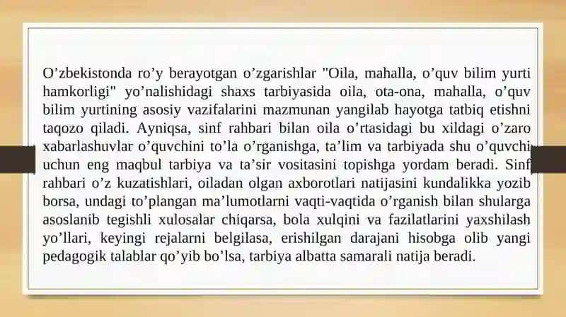SINFDAN VA MAKTABDAN TASHQARI TARBIYAVIY ISHLARDA OILA VA MAHALLA HAMKORLIGI. TARBIYAVIY ISHLARNING OʻQUVCHI TARBIYASIGA TA`SIRI. 3