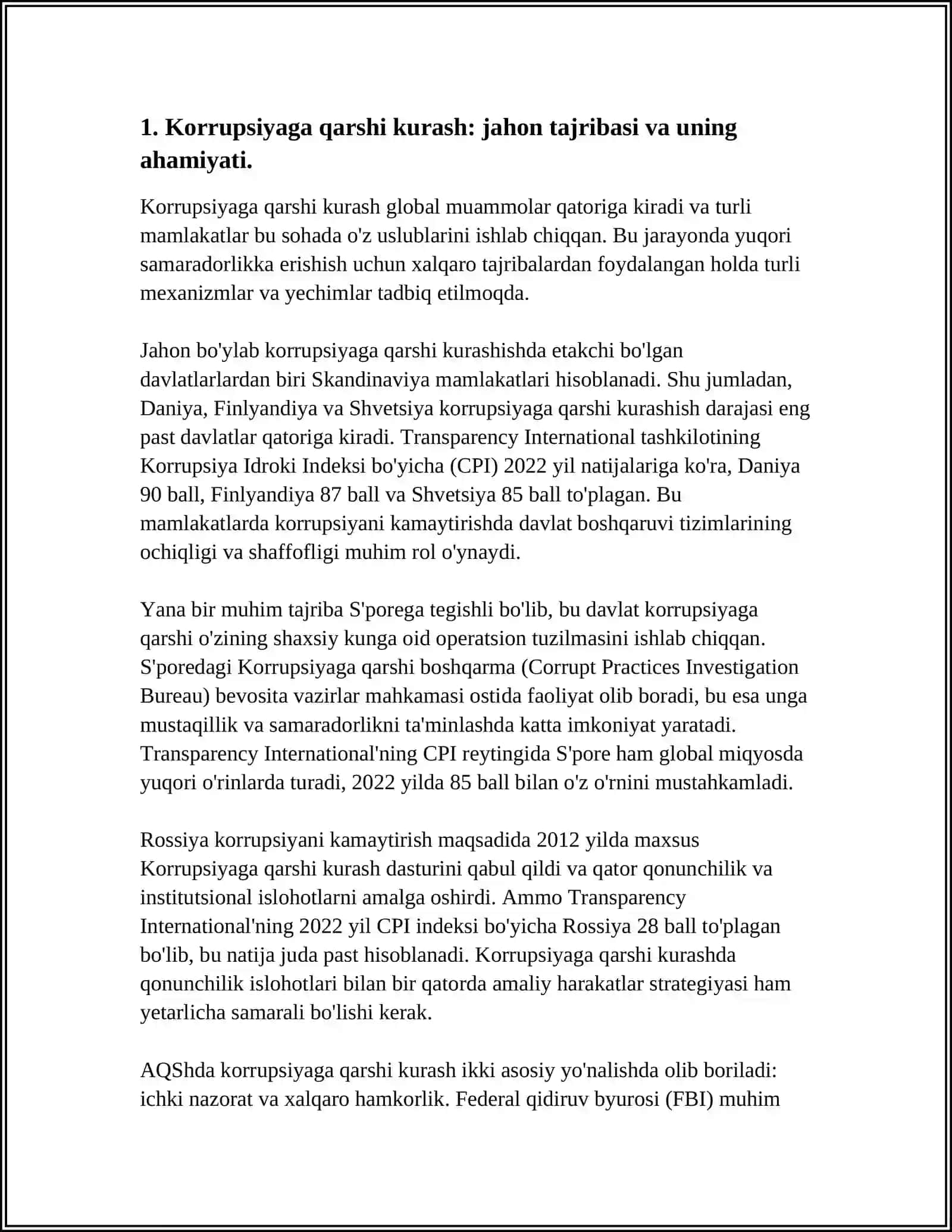 GLOBALLASHUV VA BARQAROR TARAQQIYOT FALSAFASI: KORRUPSIYAGA QARSHI KURASHNING JAHON TAJRIBASI. OʻZBEKISTONNING KORRUPSIYAGA QARSHI KURASH SIYOSATI 3