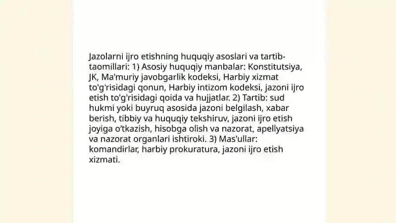 Harbiy xizmatchilarga nisbatan qoʼllaniladigan jazolarni ijro etish tartibi va shartlari 3