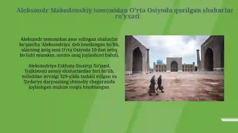 Markaziy Osiyoda Makedoniyalik Aleksandr qurdirgan shaharlar va ularning tuzilishi 3
