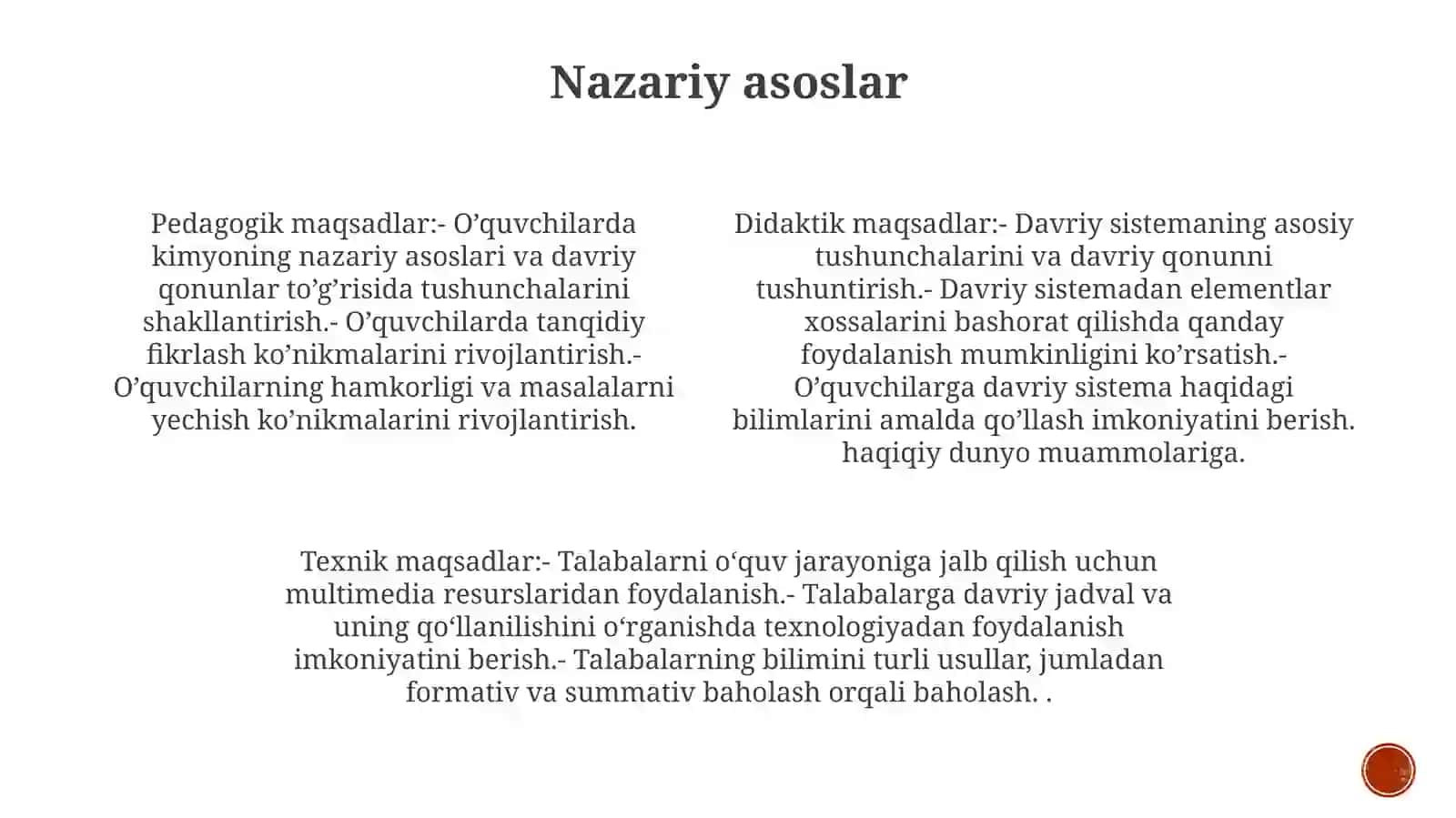 Davriy Qonun Va D.Mendeleyevning Kimyoviy Elementardavriy Sistemasi Mavzudagi Modulli Darsning Texnologik Xaritasini Ishlab Chiqish Metodikasi 3