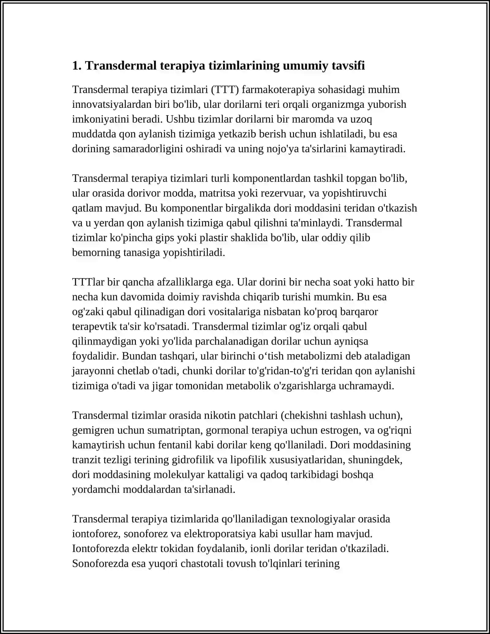 TRANSDERMAL TERAPEVTIK TIZIMLAR. TEXNOLOGIK XUSUSIYATLARI 3