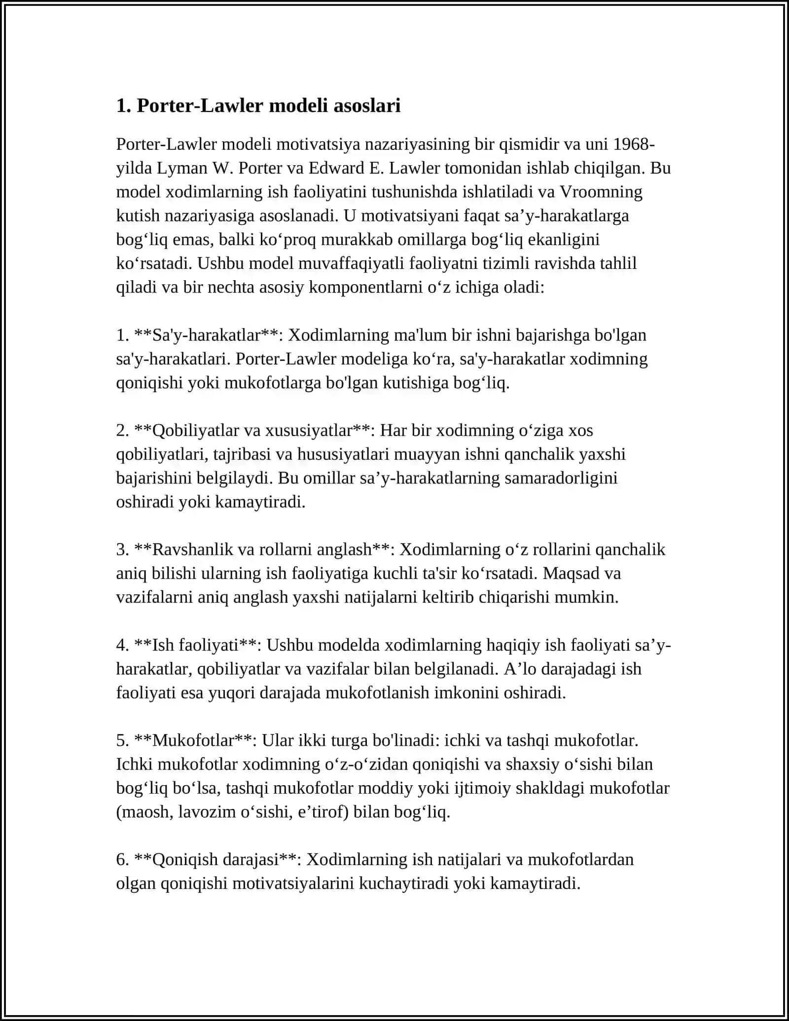 PORTER-LOULER MODELI. MOTIVASIYA VA ISH HAQI 3