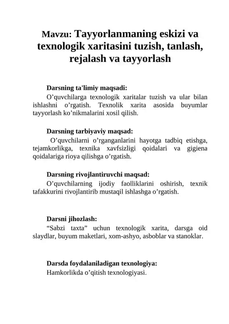Tayyorlanmaning eskizi va texnologik xaritasini tuzish, tanlash, rejalash va tayyorlash 3