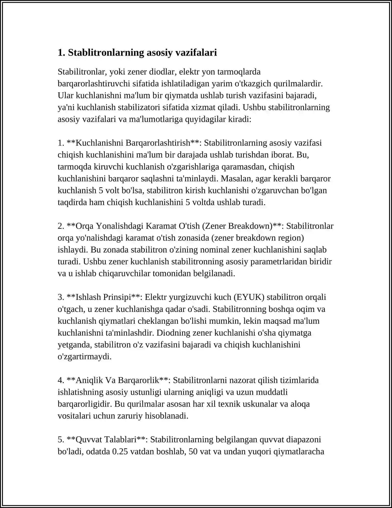 STABILITRONLAR, HIMOYA VA CHEKLOVCHI DIODLAR 3