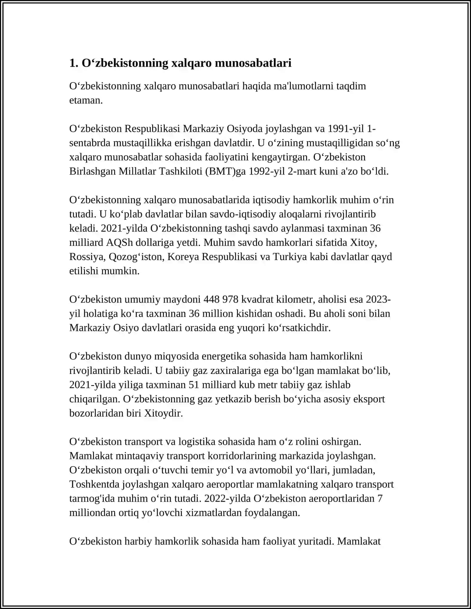 MUSTAQIL ISH Mavzu: O’ZBEKISTON VA JAHON HAMJAMIYATI 3