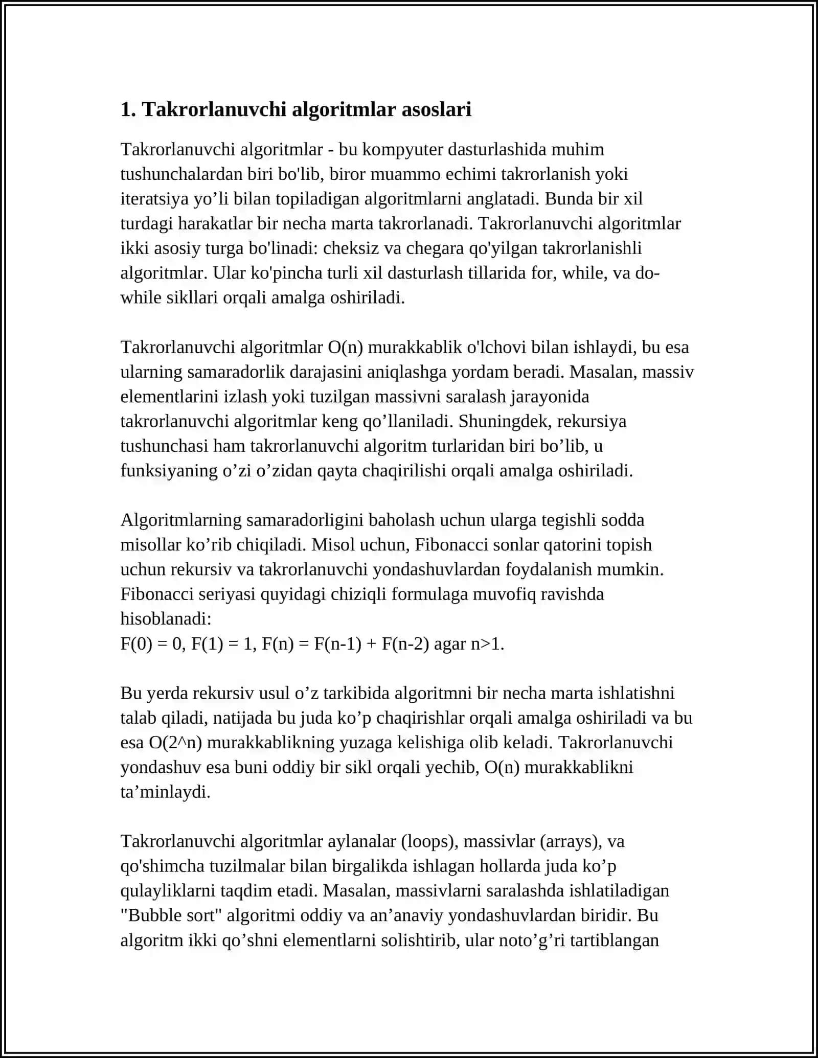 ODDIY, TARMOQLANUVCHI VA TAKRORLANUVCHI ALGORITMLARGA SOHA BO`YICHA BERILGAN VARIANTLARNI ISHLATGAN HOLDA DASTURLAR YARATISH 3