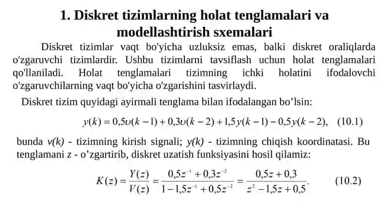 CHIZIQLI DISKRET TIZIMLARNI FAZO HOLATIDA MATEMATIK IFODALASH 3
