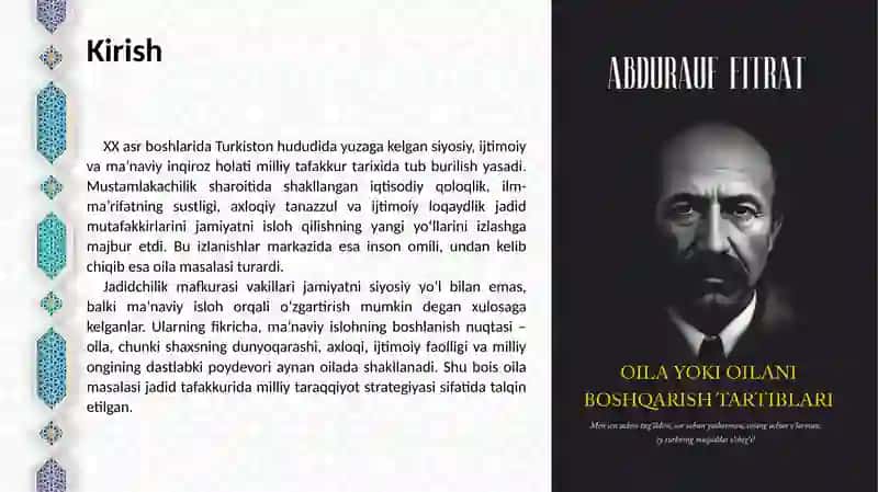 Abdurauf fitratning "Oila" asarida oila qurish va farzand tarbiyasiga oid g‘oyalar 3