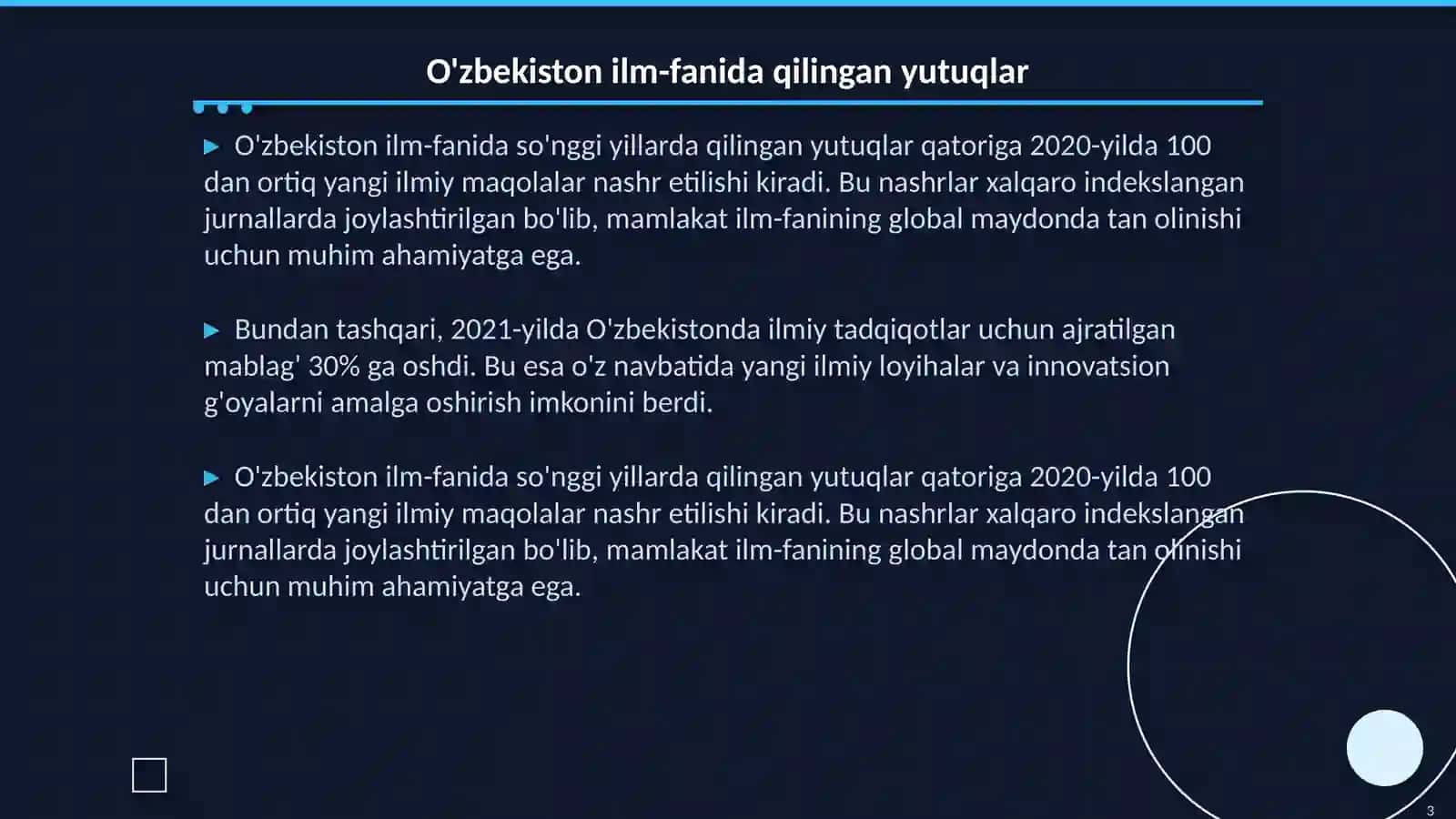 O'zbekistonning ilm-fan va texnologiya rivojlanishidagi yutuqlari va muammolari. Innovatsion iqtisodiyotga o'tish jarayonlari 3