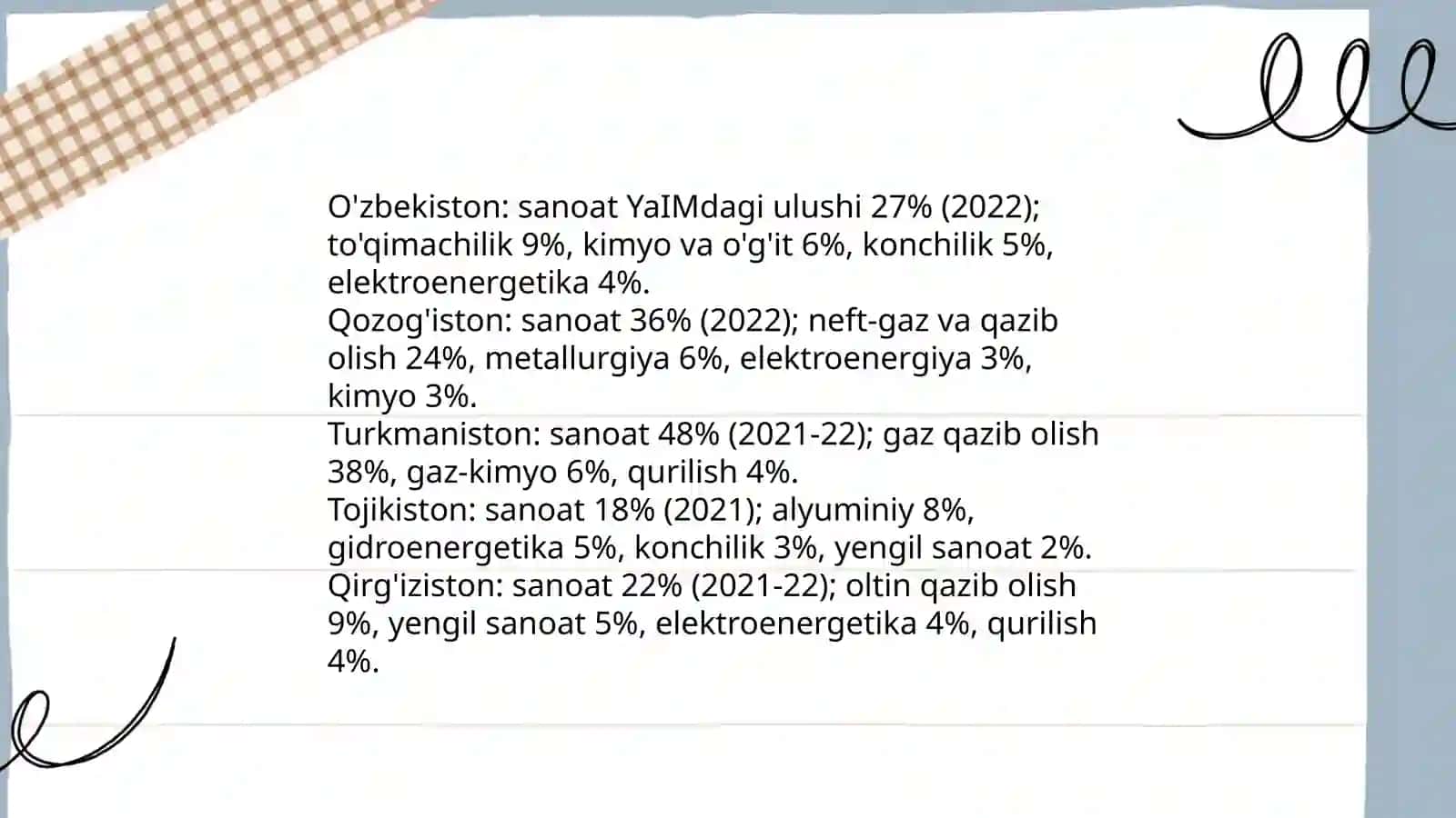 Markaziy Osiyo davlatlari O'zbekiston Qozog'iston, Turkmaniston,Tojikiston, Qirg'iziston davlatlari yetakchi sanoat tarmoqlarining o'rni va statistik tahlili va o'sish suratlarini o'rganish 3