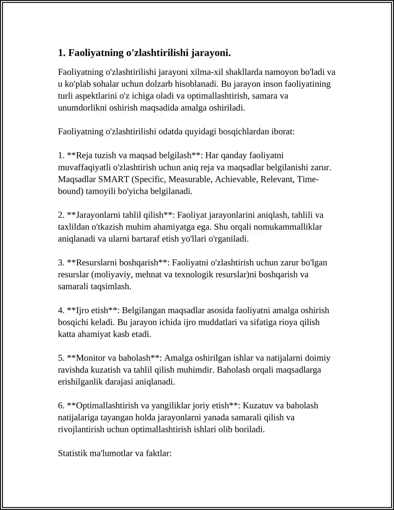 MUSTAQIL ISH Mavzu: FAOLIYATNING O'ZLASHTIRILISHI VA MALAKALARNI EGALLASH 3