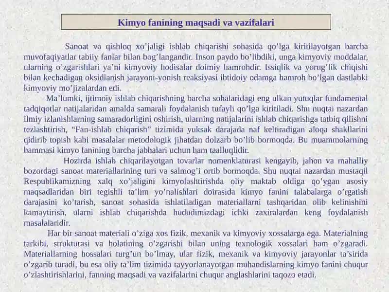 Kimyo fanining maqsadi va vazifalari 3