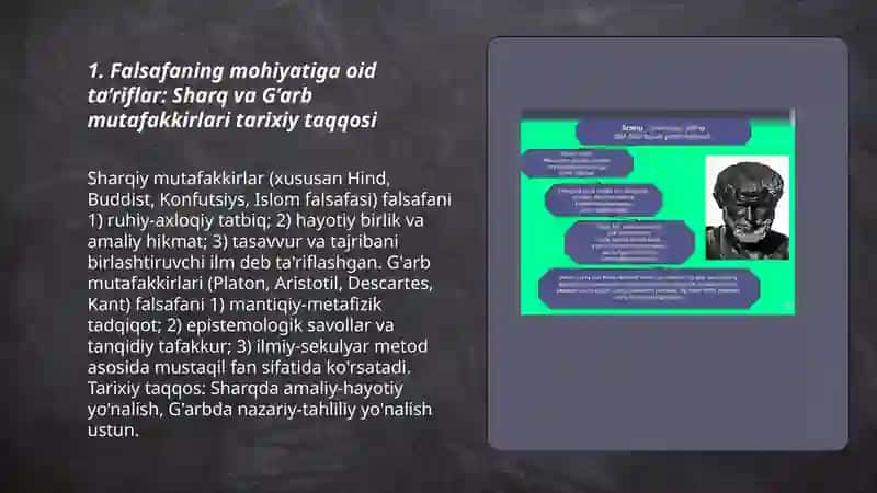 Falsafaning mohiyatiga oid Sharq va G’arb mutafakkirlari ta’riflarini tasniflash va ular bo‘yicha prezentatsiya tayyorlash 3