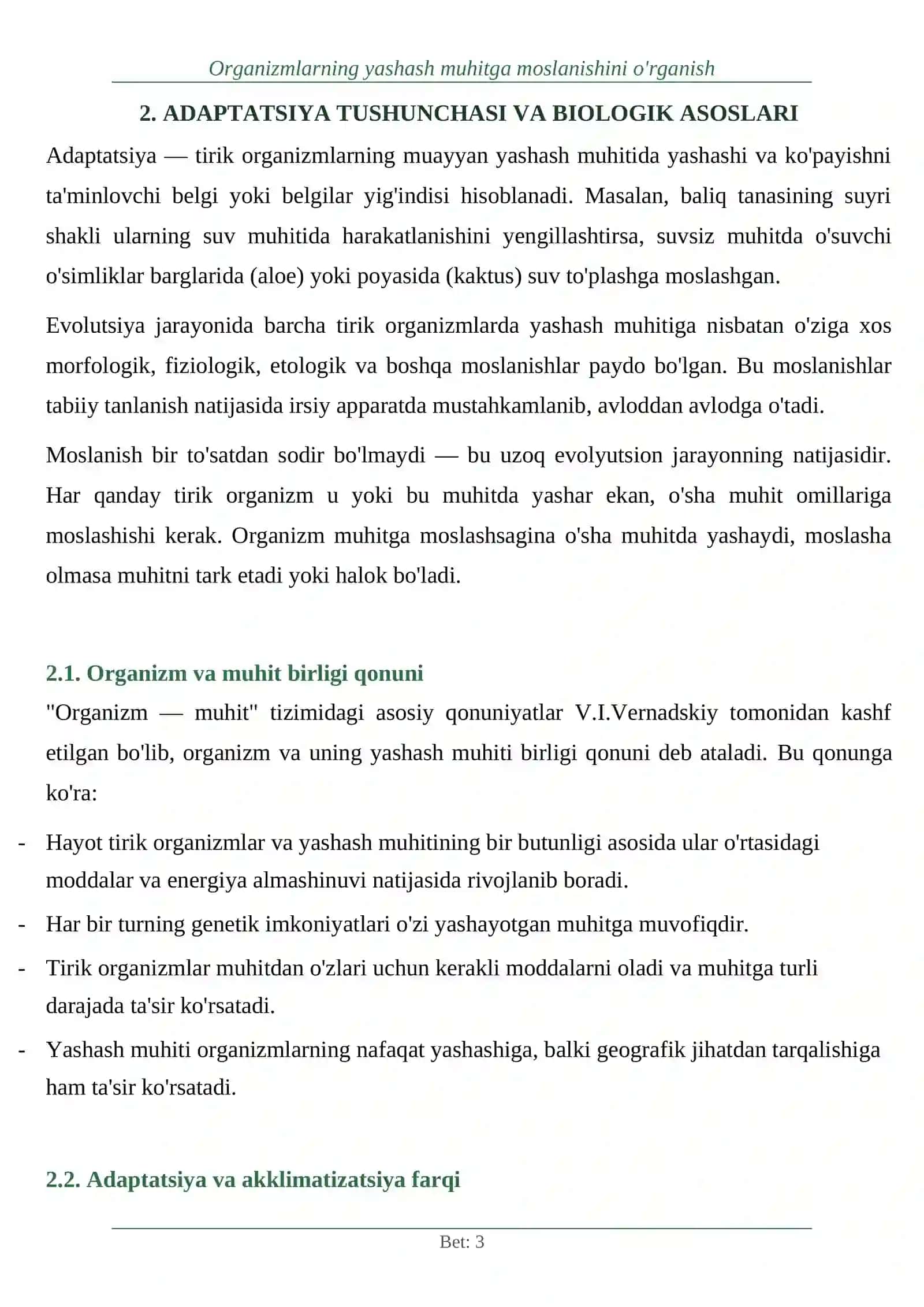 Organizmlarning yashash muhitga moslanishini o‘rganish mavzusi bo'yicha rasmsiz referat 3