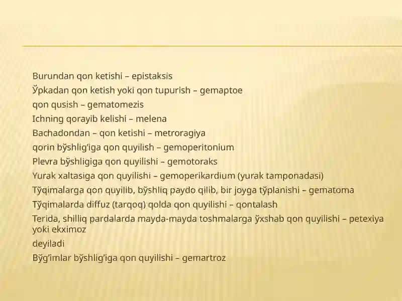 Gemorragik sindrom. Massiv qon yo’qotish. Gomologik qon, DVS sindromi klinikasi, diagnostikasi. Tez tibbiy yordam ko’rsatish usullari. UASH taktikasi 3