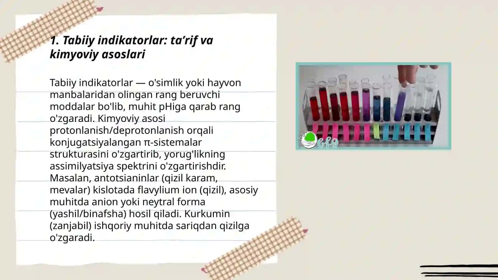 Ranglar tilida kimyo Tabiiy indikatorlar yordamida kislota va asoslarni aniqlaymiz 3