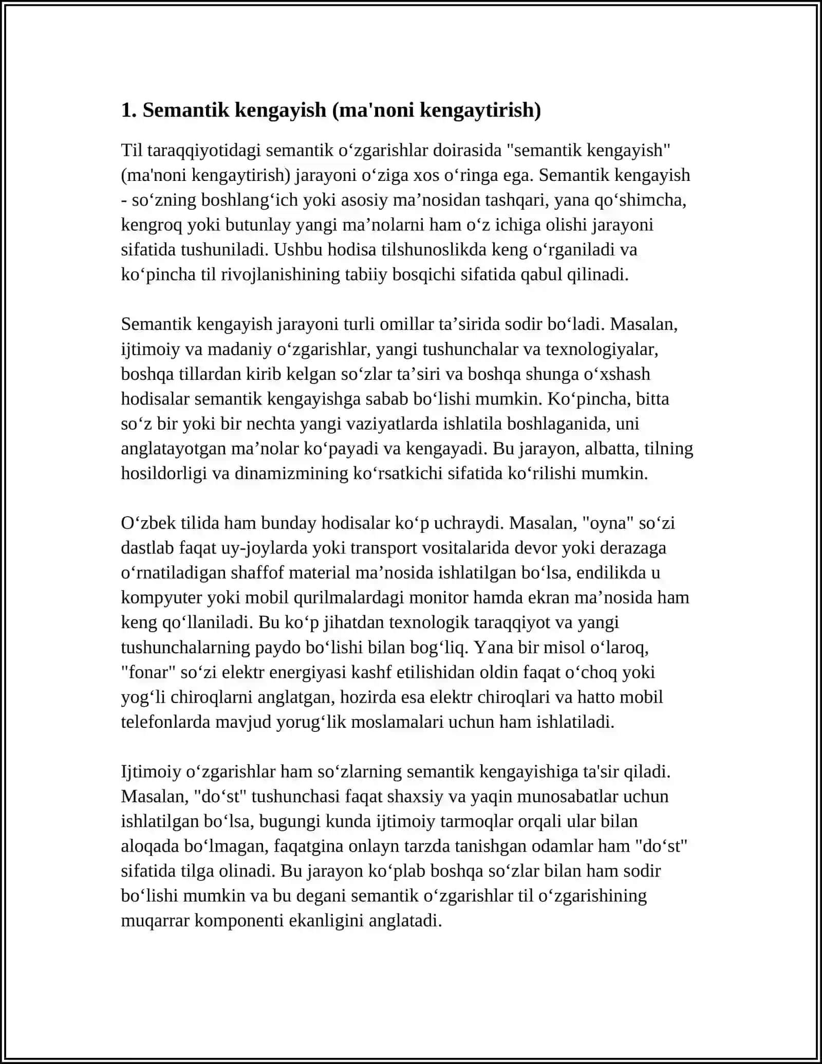 Semantik kengayish (Til taraqqiyotidagi semantik oʻzgarishlar) 3