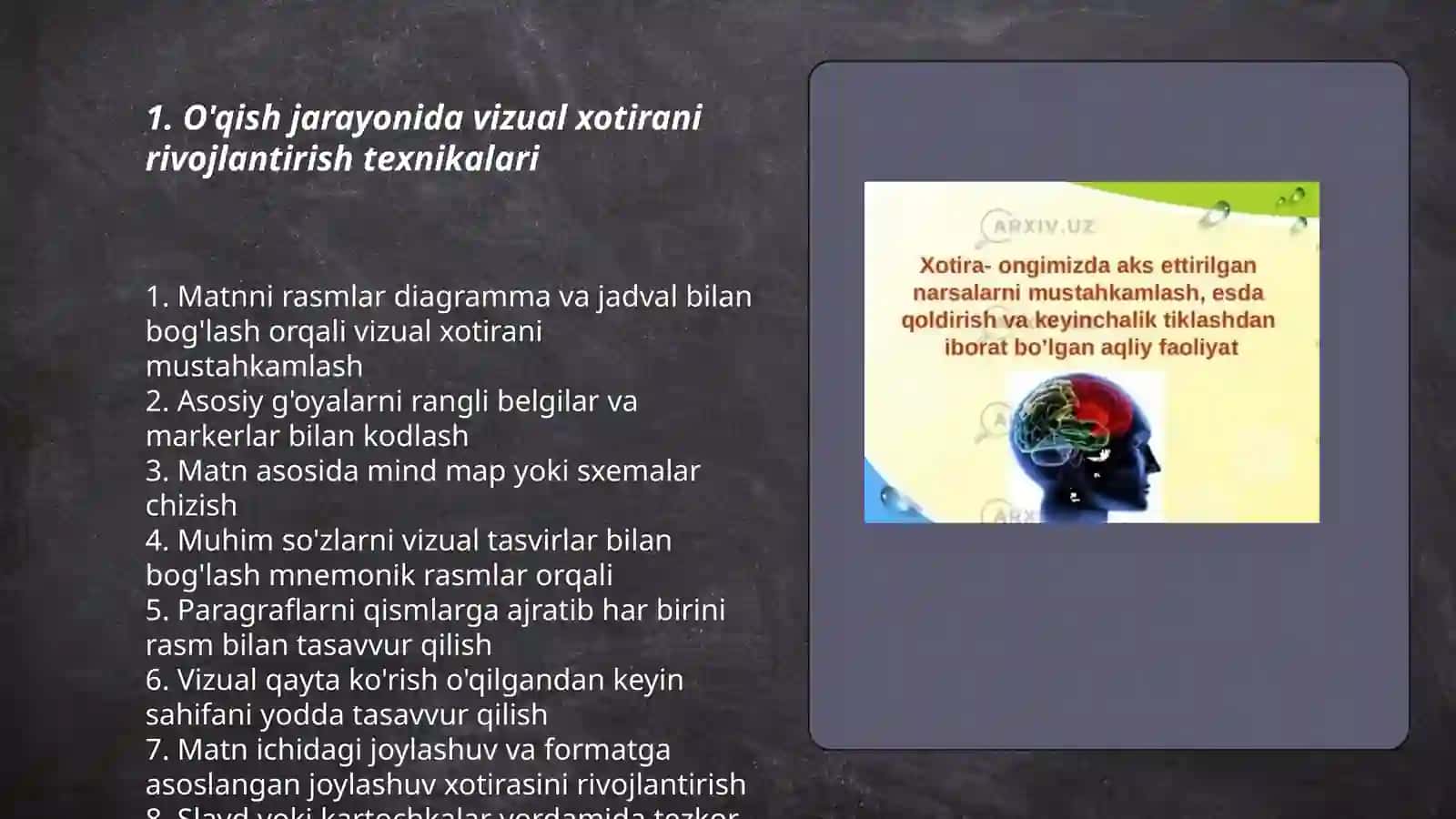 O'qish jarayonida vizual xotirani rivojlantirish texnikalari 3
