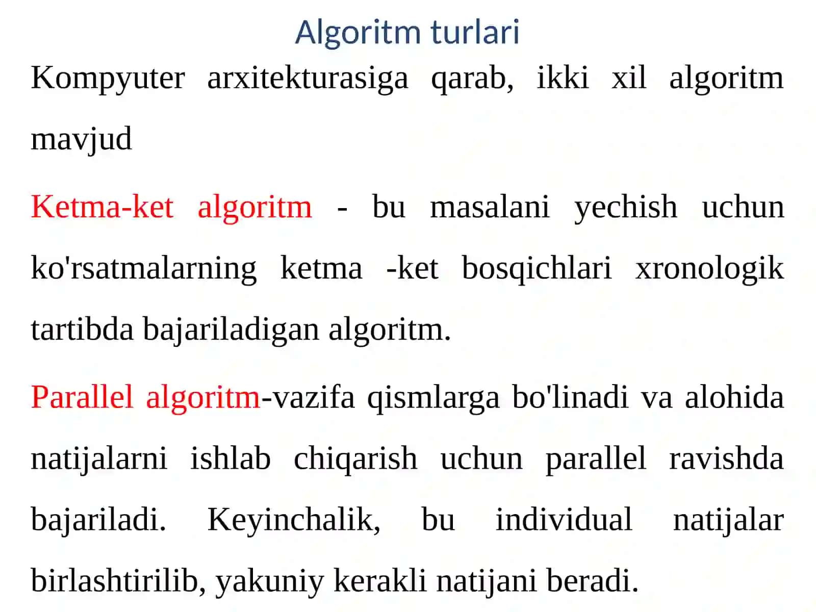 Parallel algoritmlarni modellashtirish va tahlil qilish. Parallel algoritmlar va ketma-ket algoritmlar orasidagi farqlar. Mavjud ketma-ket algoritmlarini parallellashtirish masalasi. 3