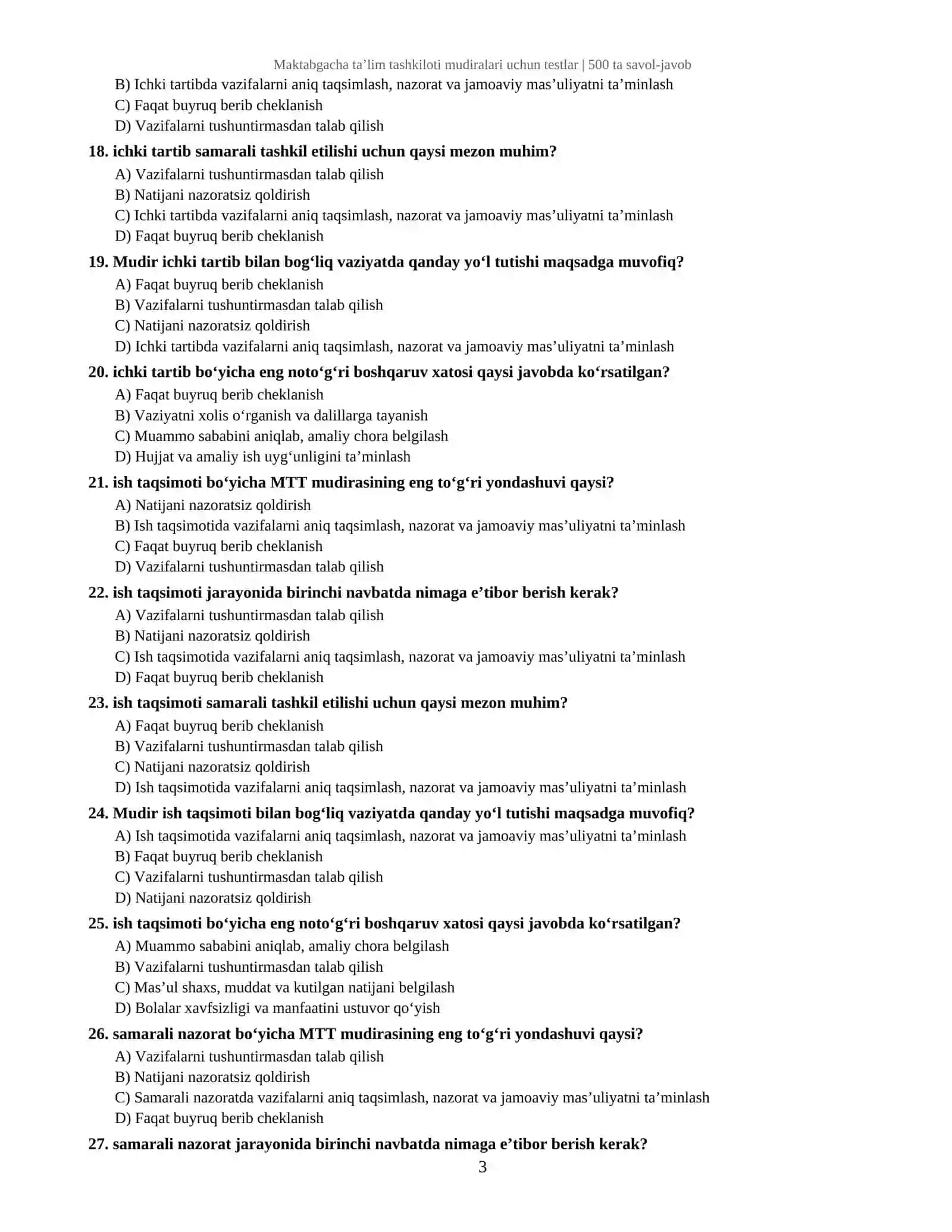 MAKTABGACHA TA’LIM TASHKILOTI MUDIRALARI UCHUN TESTLAR TO‘PLAMI 3