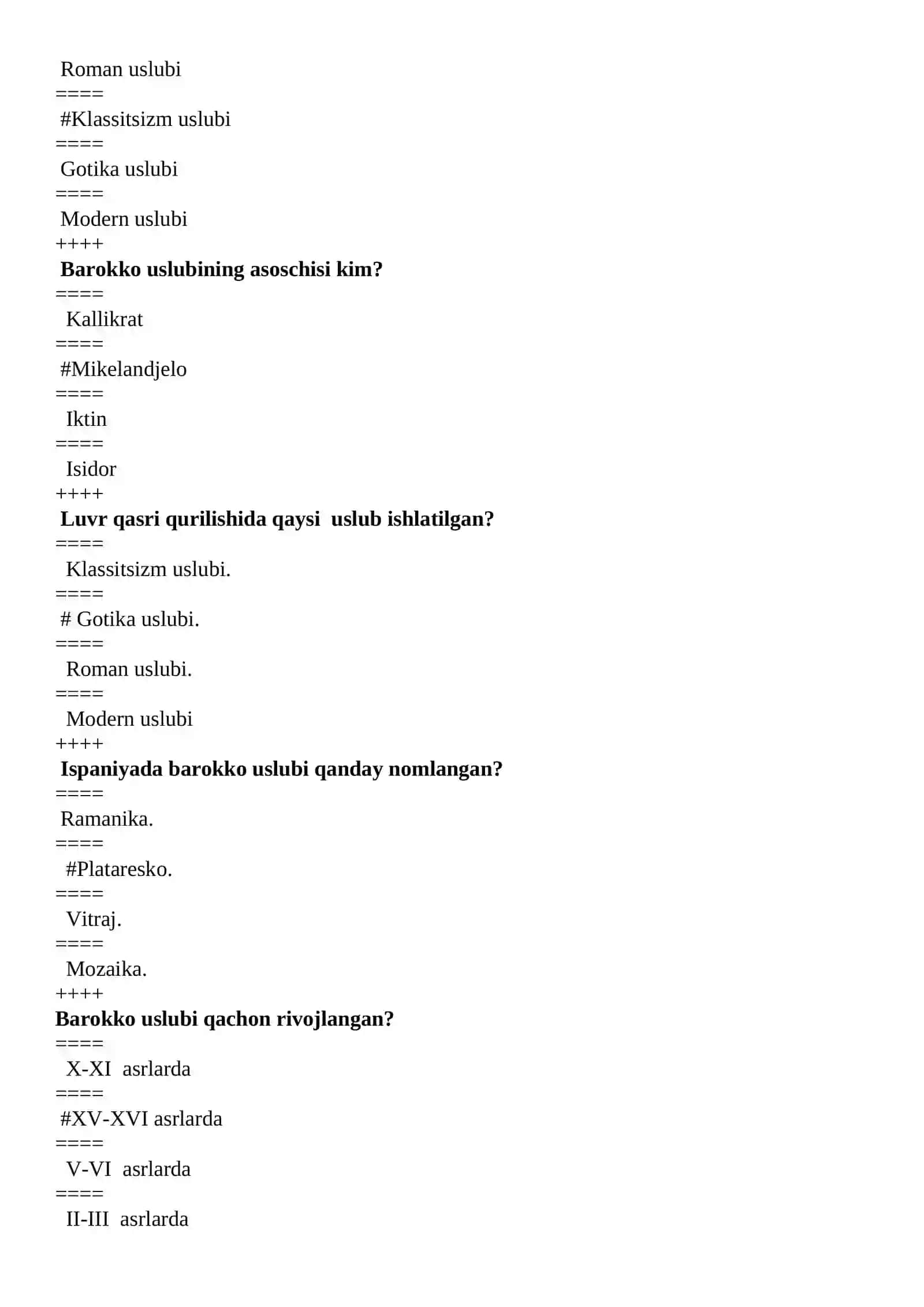 ARXITEKTURA TARIXI VA NAZARIYASI TEST SAVOL VA JAVOBLARI 181 ta test 3