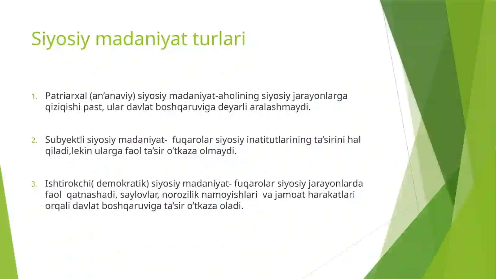 Siyosiy madaniyat va ijtimoiy barqarorlik. Siyosiy konflikt va uning turlari 3