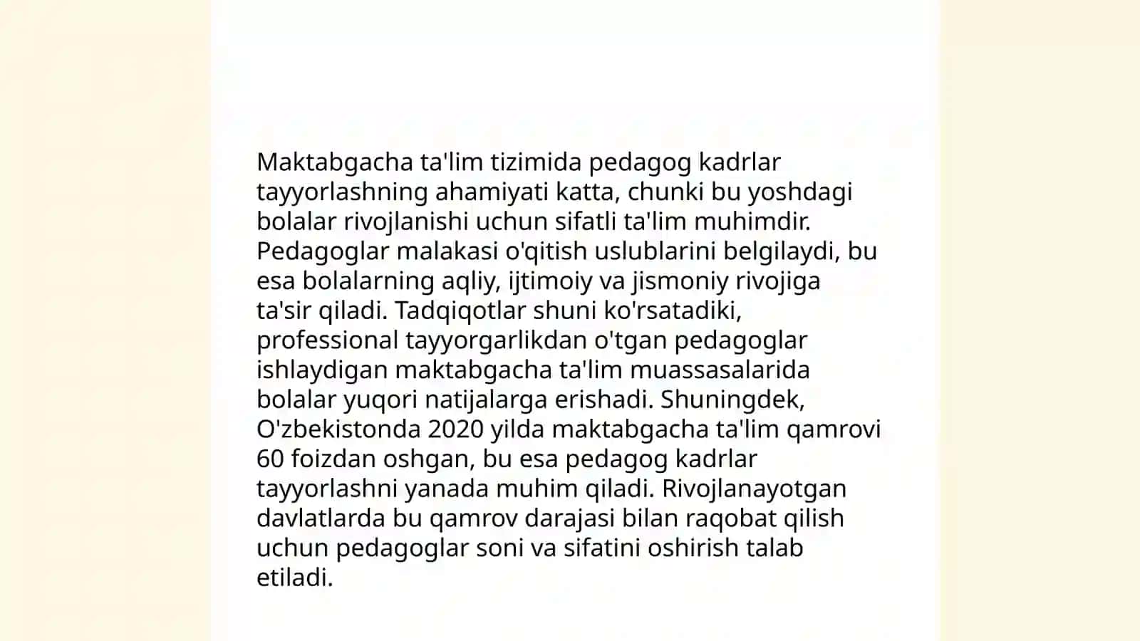 Maktabgacha ta'lim tizimida kadrlarni tayyorlash va sohaga qabul qilishga qoʻyiladigan talablar 3