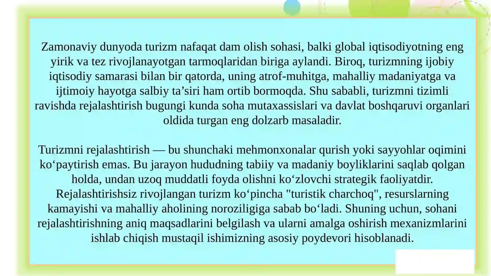 Turizmni rejalashtirishning maqsadlari 3
