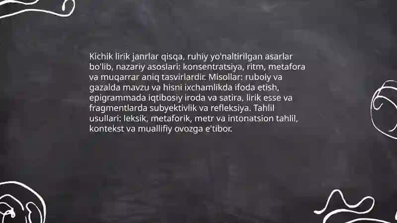 Kichik lirik janrlarni o'rganish misollar asosida tahlil qilish 3