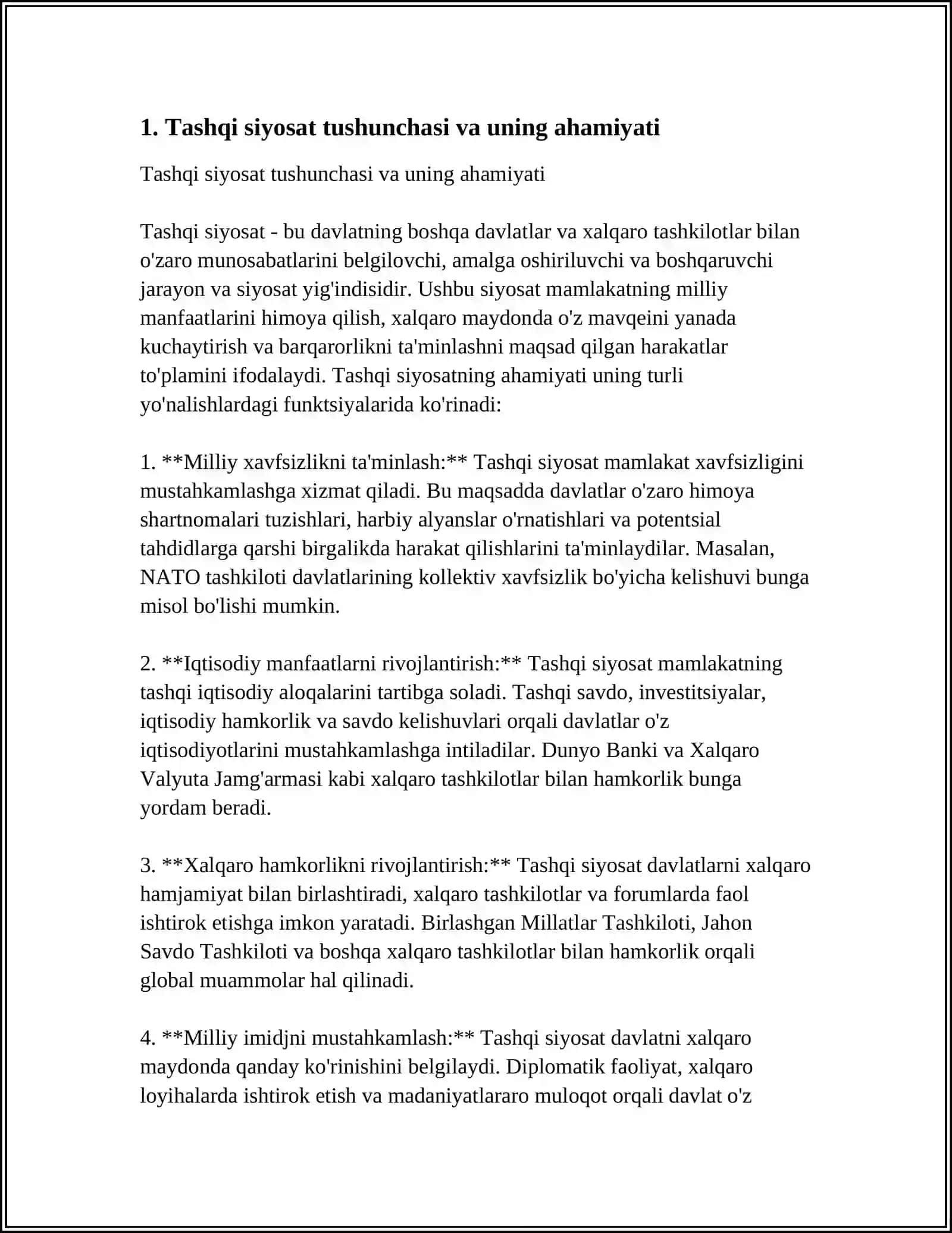 TASHQI SIYOSAT TUSHUNCHASI. O'ZBEKISTON XALQARO MUNOSABATLARNING TO'LA HUQUQLI SUBYEKTI 3