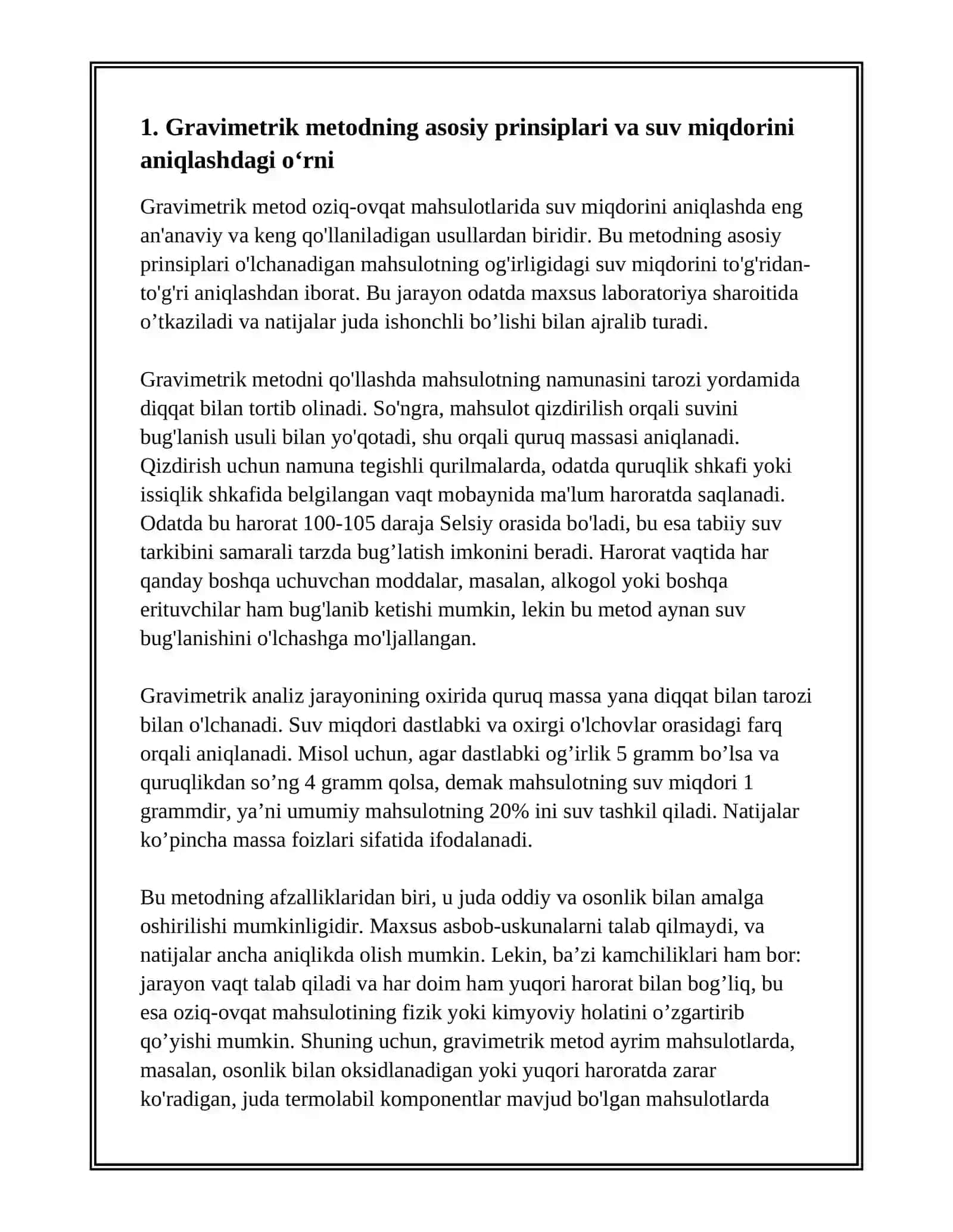 OZIQ-OVQAT MAHSULOTLARIDA SUV MIQDORINI ANIQLASH - GRAVIMETRIK METOD YORDAMIDA 3