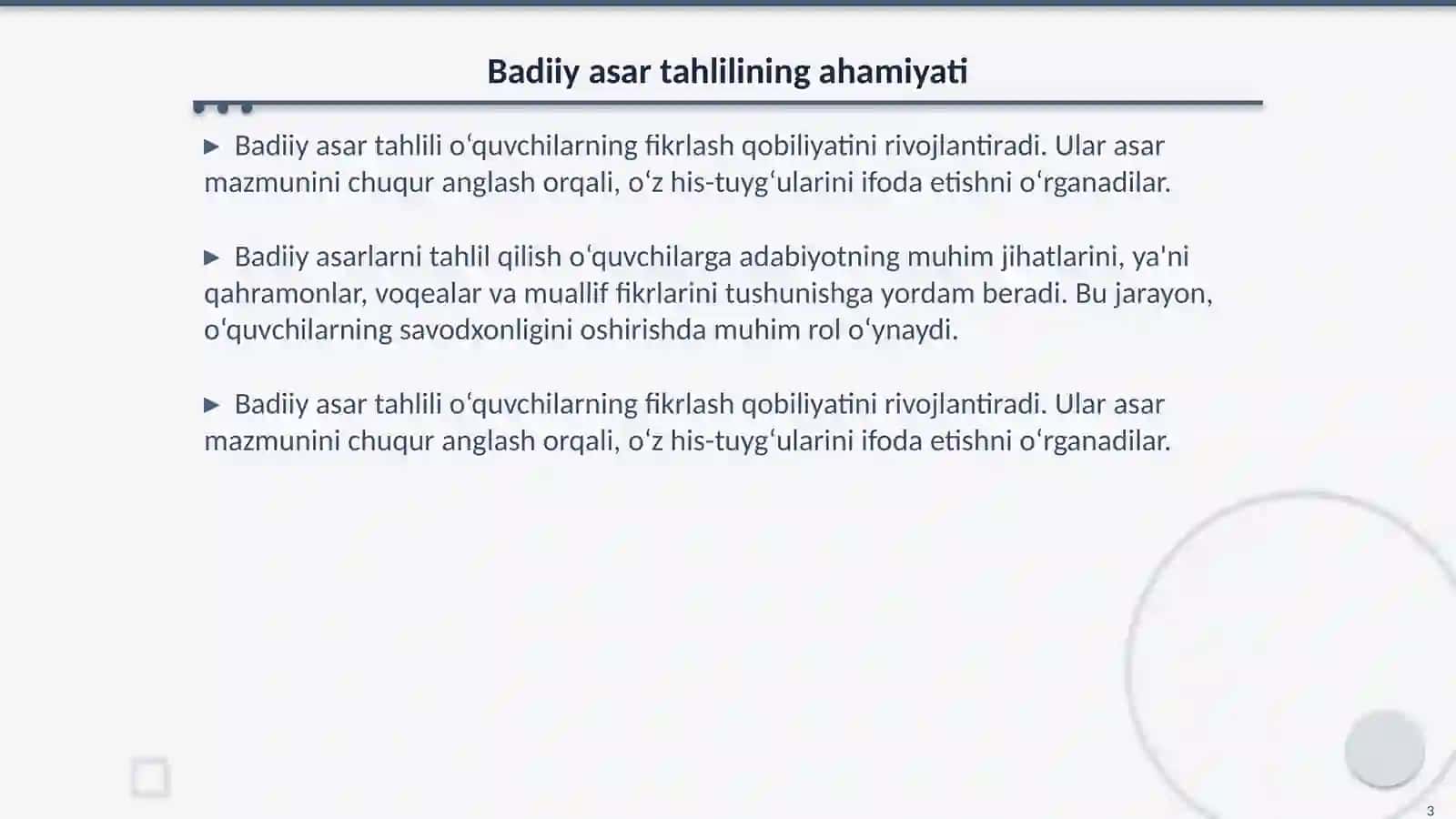 3-sinf O‘qish savodxonligi (1-qism) darslarida badiiy asar tahlili, epik,lirik, xalq og‘zaki ijodi namunalari, ilmiy-ommabop asarlar matnini o‘rganish bo‘yicha topshiriqlarni bajarish 3