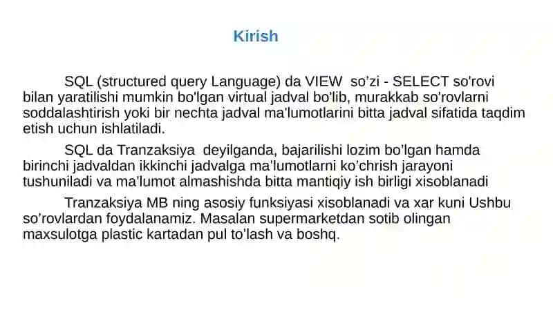 SQLda Tasavvurlar yaratish 3