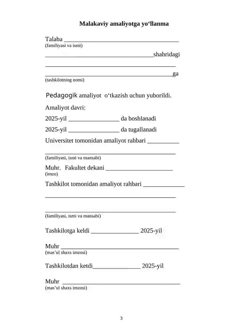 Pedagogik amaliyotni qayd etish bo‘yicha KUNDALIK DAFTARI 3