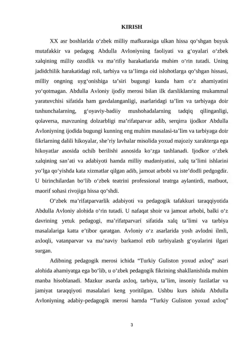 АBDULLА АVLОNIY АDАBIY MERОSI. PEDАGОGIK АSАRLАRI. “TURKIY GULISTОN YОXUD АXLОQ” АSАRINING MА’RIFIY-АXLОQIY VА PEDАGОGIK QАRАSHLАR TАRАQQIYОTIDАGI ОʻRNI 3