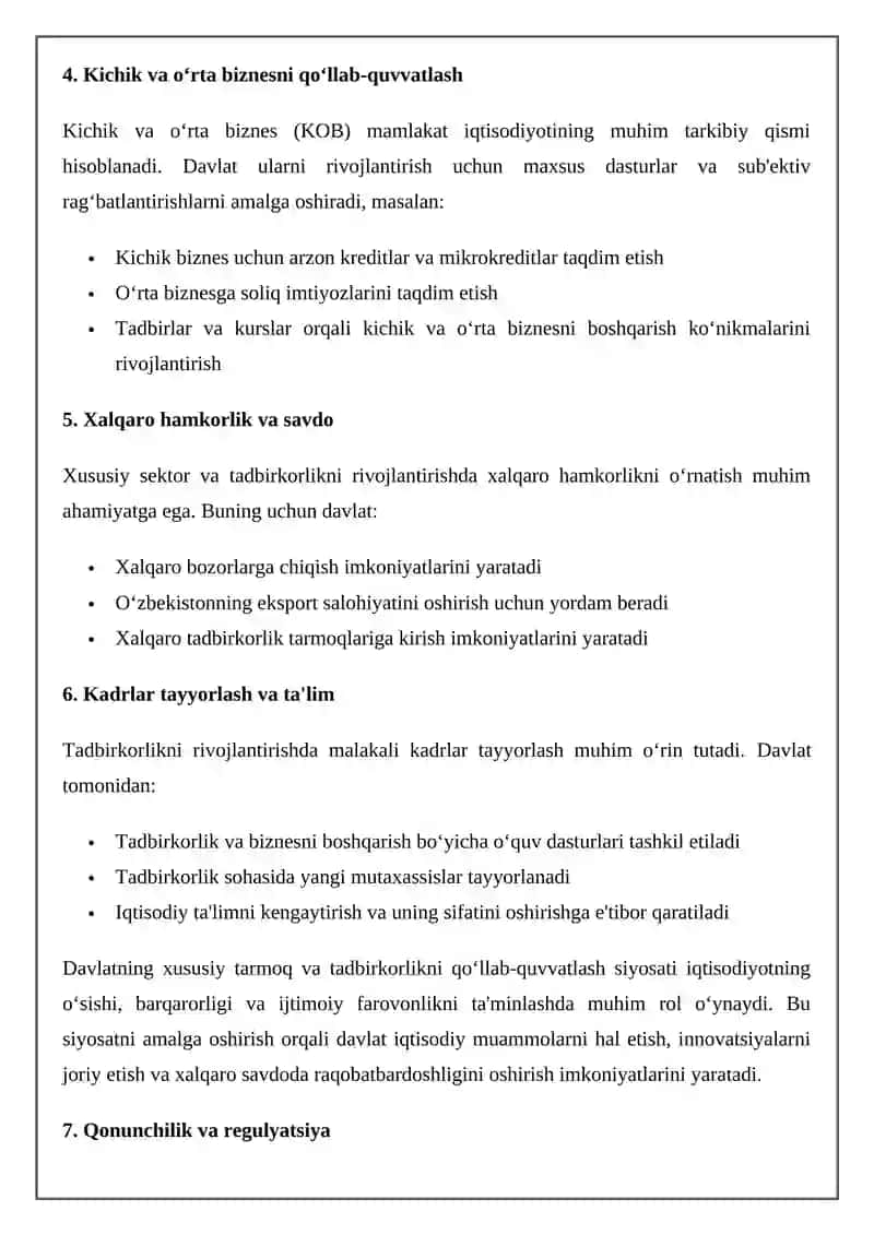 Davlatning iqtisodiyotda xususiy tarmoq va tadbirkorlikni qo‘llab-quvvatlash siyosati 3