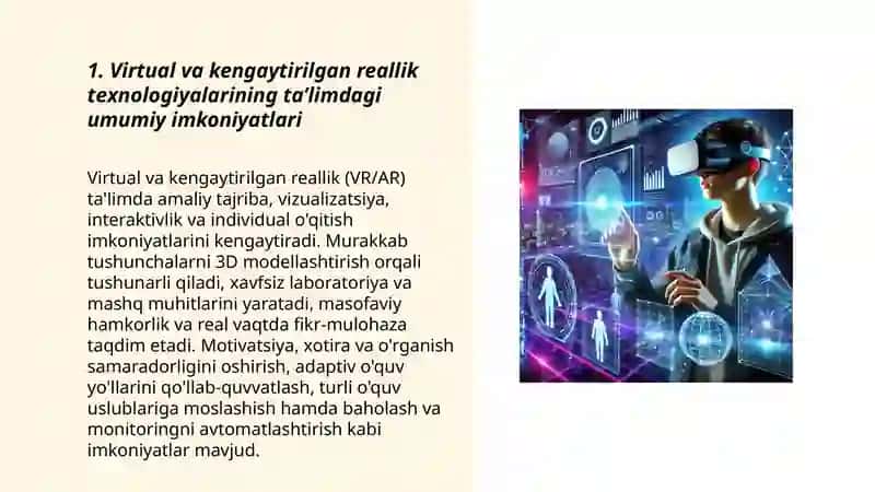Virtual va kengaytirilgan reallik texnalogiyalarining taʼlimda qoʻllanilishi 3