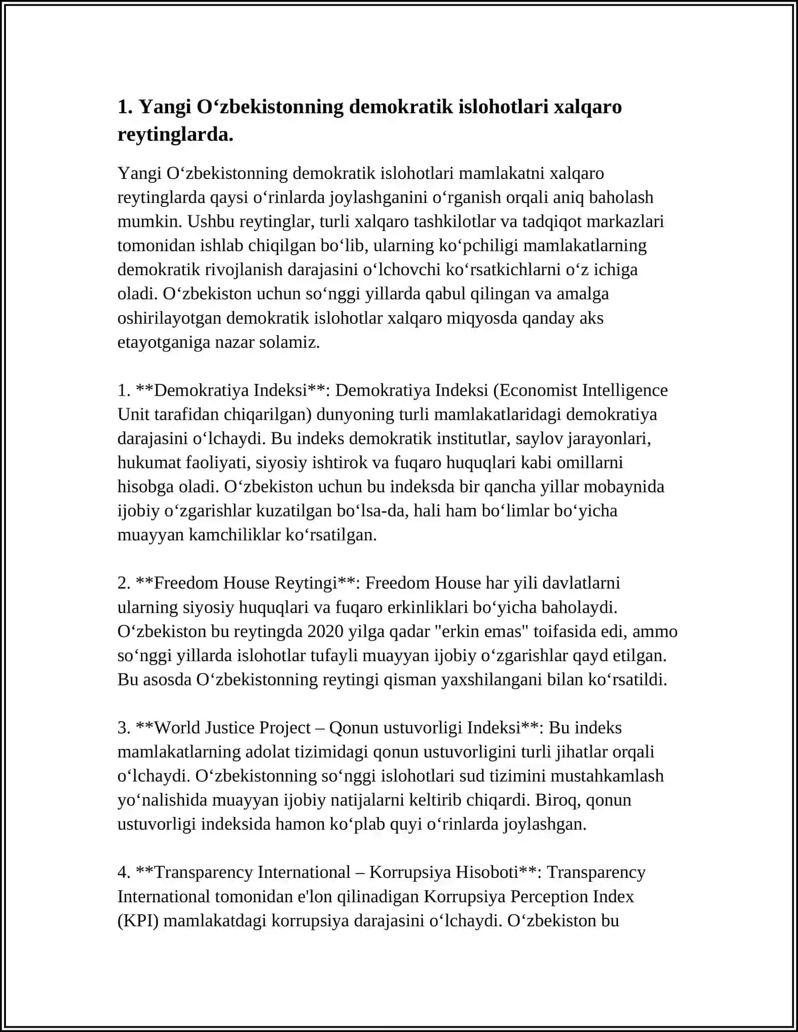 O‘zbekistonning demokratik islohotlari va mamlakatni xalqaro reytinglarda o‘rganish 3