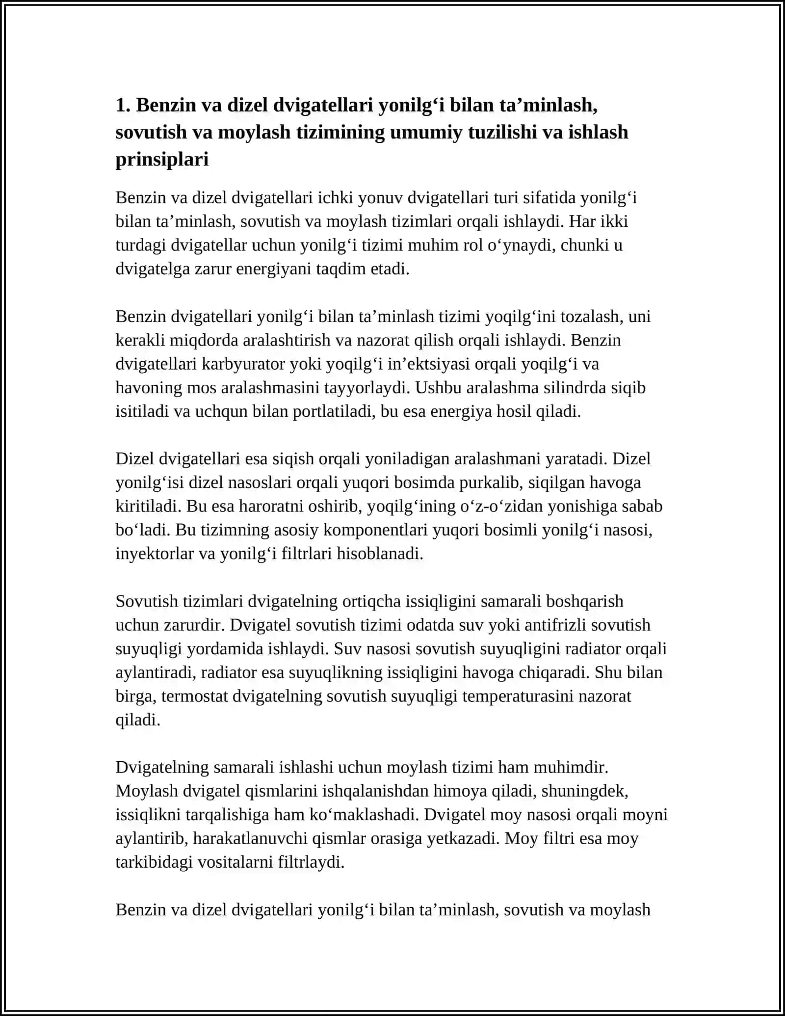 BENZIN VA DIZEL DIVIGATELLARI YONILG'I BILAN TA'MINLASH, SOVUTISH VA MOYLASH TIZIMLARI 3
