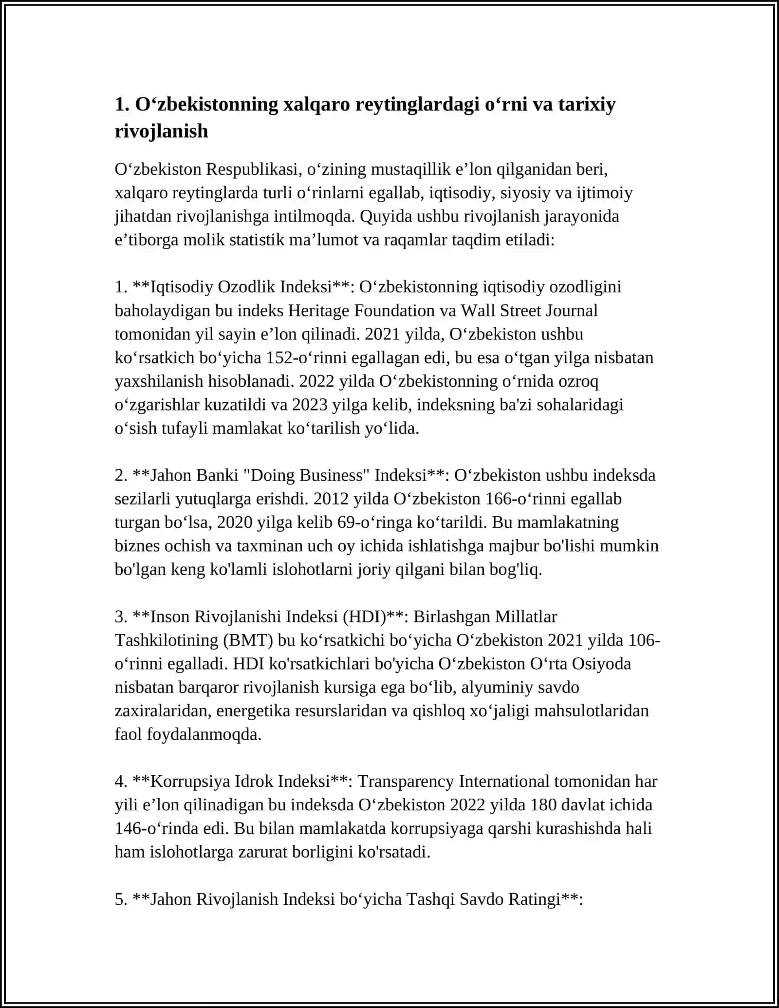 OʻZBEKISTONNI XALQARO REYTINGLARDAGI KOʻRSATGICHLARINI KOʻTARISHNING TARIXIY VA SIYOSIY AHAMIYATI 3
