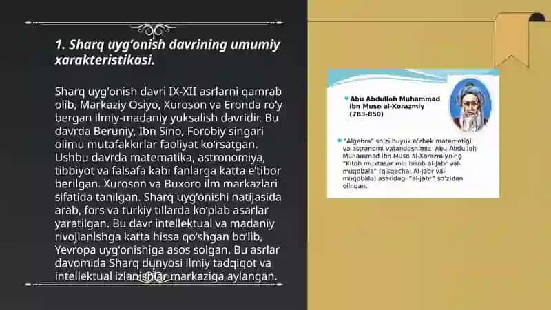 Sharq uygʻonish davrida pedagogik fikr taraqqiyoti (Al-Xorazmiy al-Forobiy, Abu Rayhon Beruniy, Abu Ali ibn Sinoning ta'lim tarbiyaga oid qarashlari 3