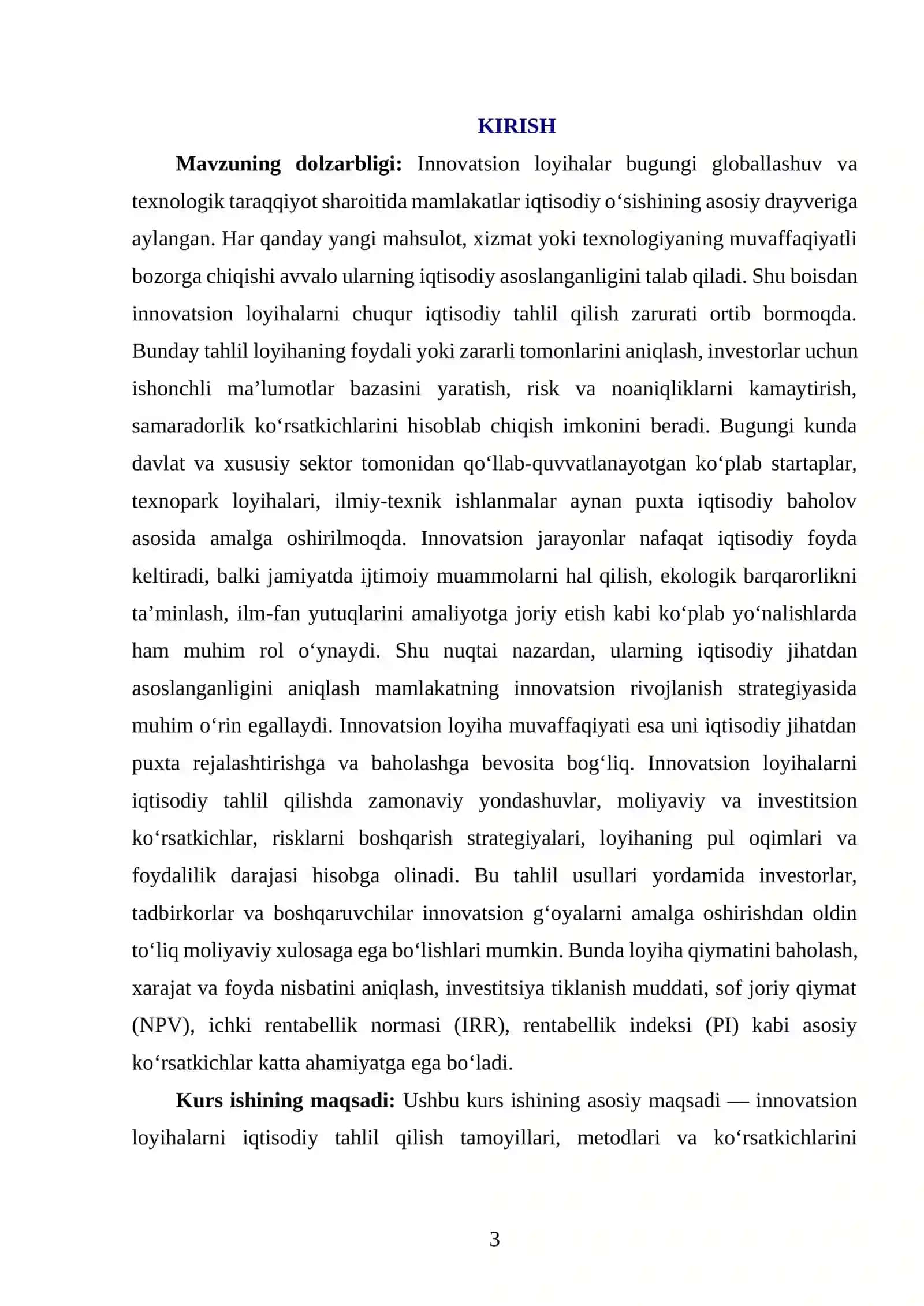Innovatsion loyihalarni iqtisodiy tahlil qilish kurs ishi 3