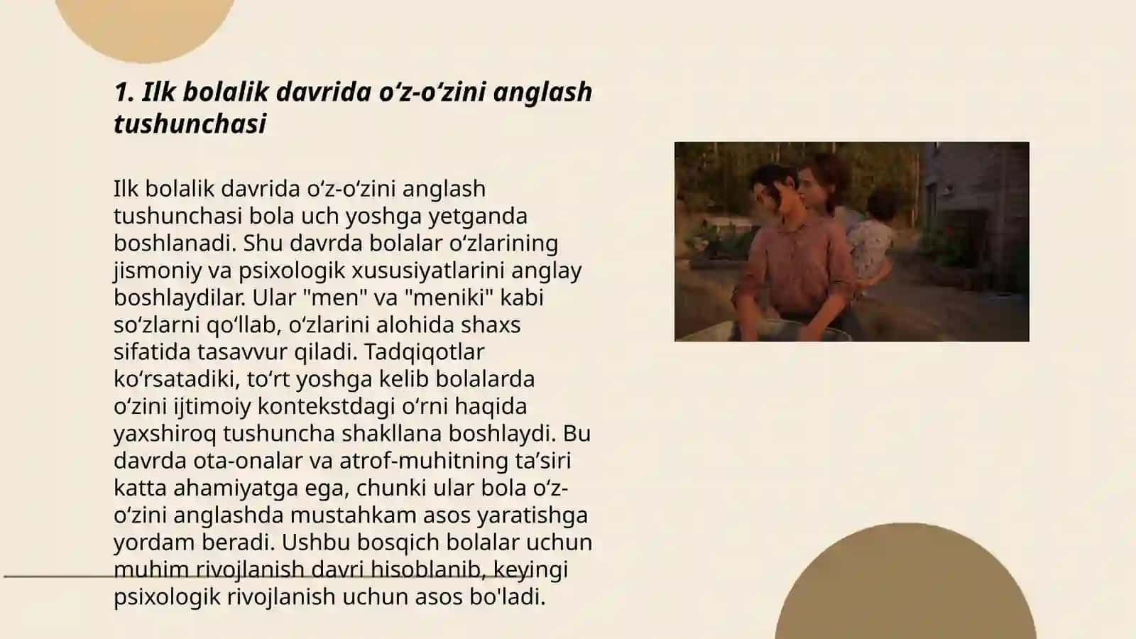 Ilk bolalik davrida oʻz-oʻzini anglashning rivojlanishi va 3 yoshlilar inqirozi haqidagi nazariya bilimlarni tarkib toptirish 3