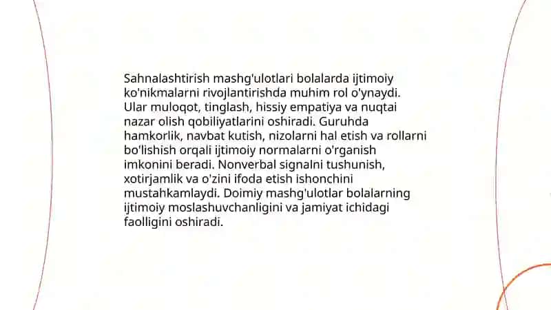 Sahnalashtirish mashg'ulotlarining bolalar rivojlanishidagi ahamiyati 3