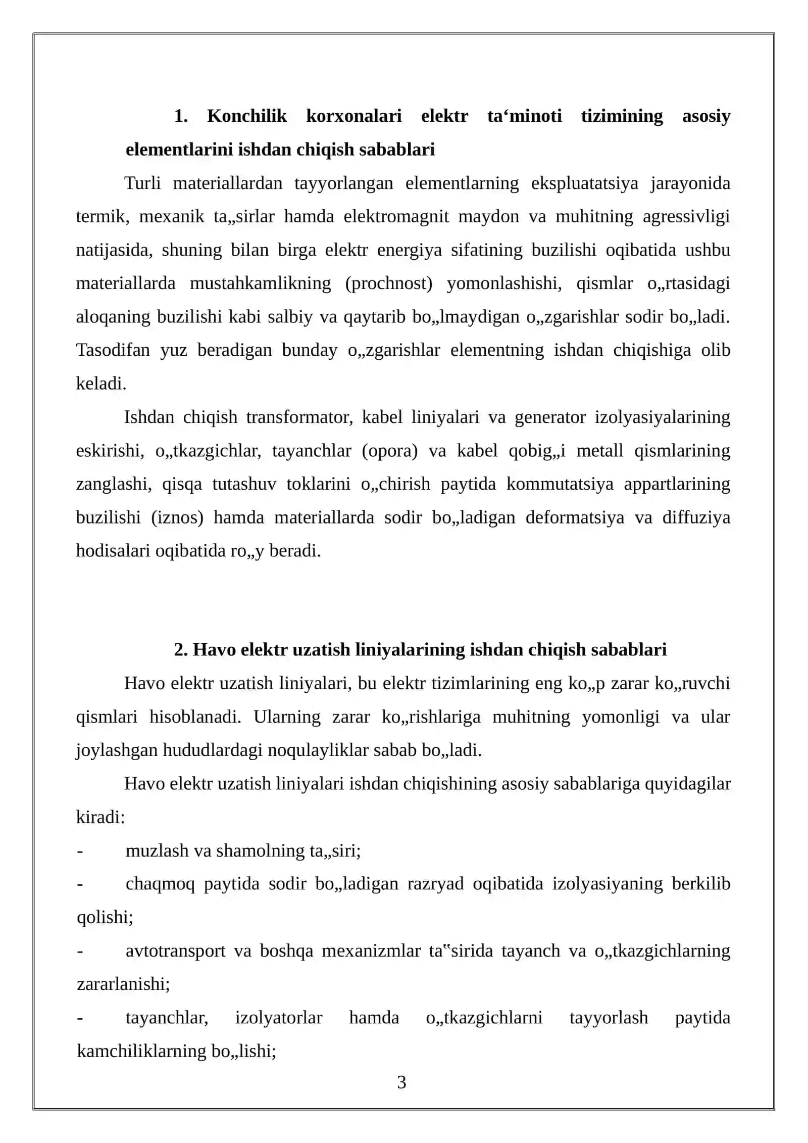 Konchilik korxonalari elektr ta'minoti tizimining asosiy elementlarini ishdan chiqish sabablari 3