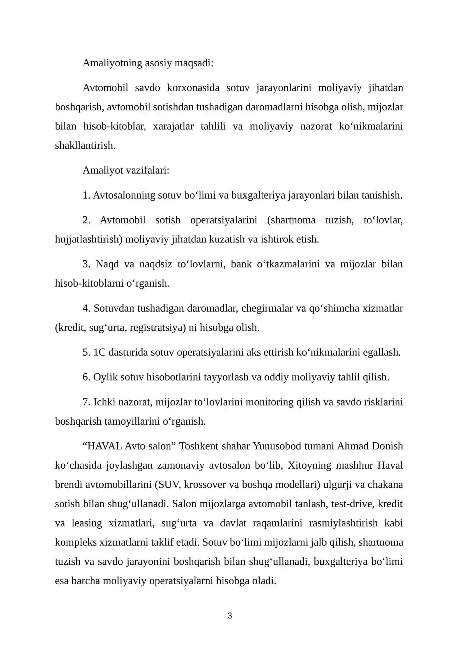 "AVTO SALON"DA Amaliyot oʻtaganlar uchun bitiruv malakaviy amaliyot hisoboti. 6 haftalik. 3