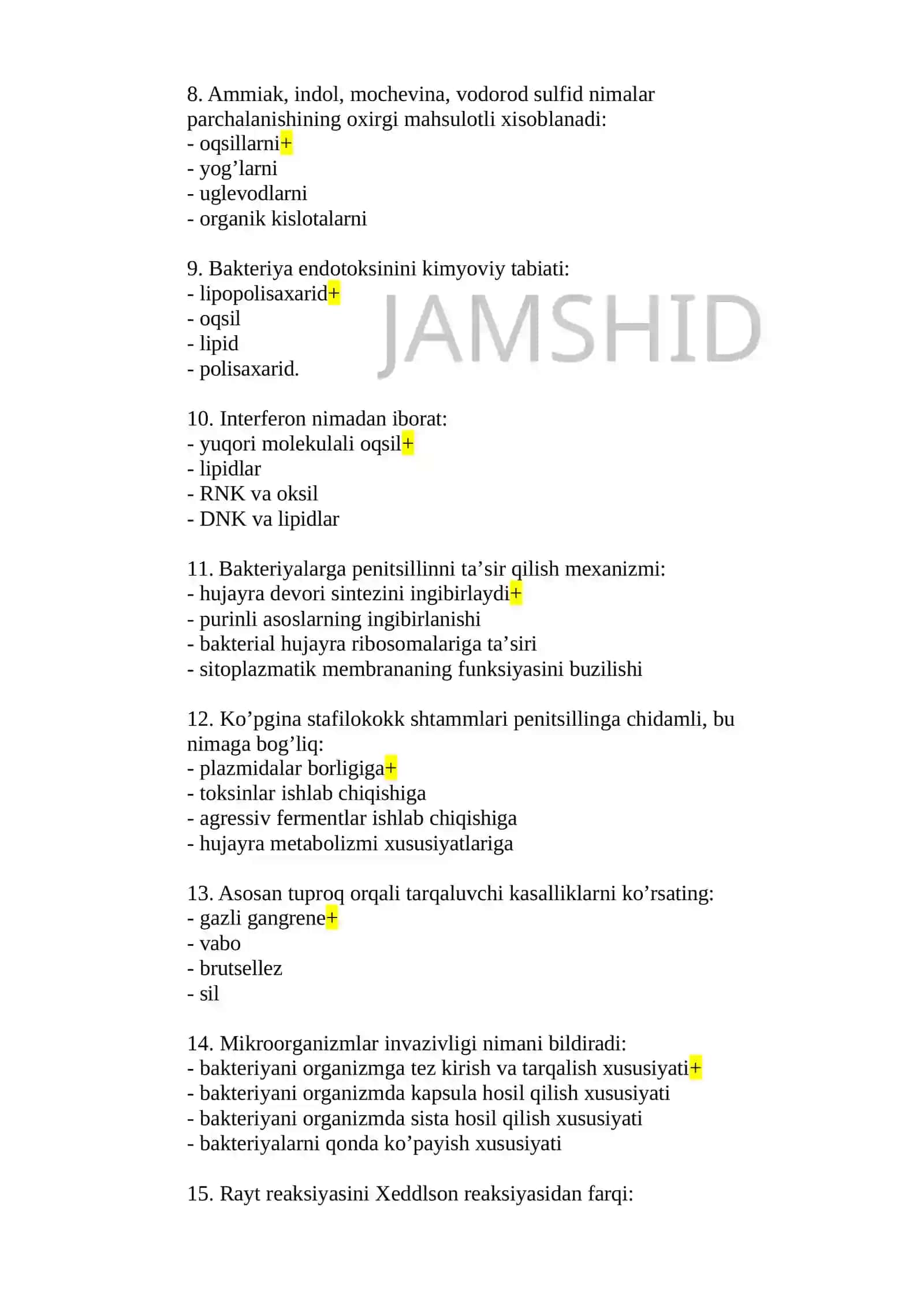 BAKTERİOLOGİYA MUTAXASSİSLİGİ BO’YİCHA SHAKLLANTİRİLGAN test savollari ro’yxati 3