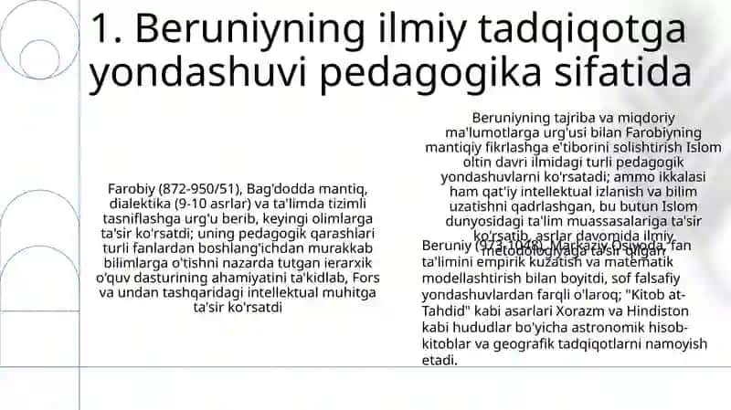 Abu Rayhon Beruniy Abu Nasir Farobiyning pedagogik qarashlari 3